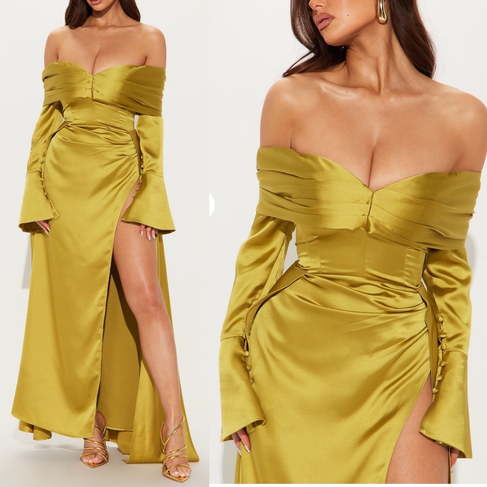Off-Shoulder Olive Green Satin Maxi Dress with Thigh Slit